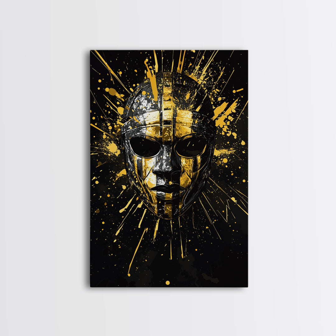 Ancient Warrior Mask Gold Canvas Print, Ornate Tribal Face Artwork, Bold Splatter Style Wall Decor, Real Wood Frame