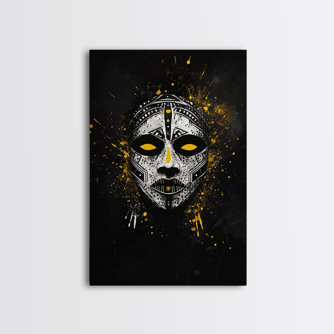 Tribal Painted Mask Gold Canvas Print, Ethnic Face Artwork, Bold Splatter Ink Wall Hanging Decor, Real Wood Frame