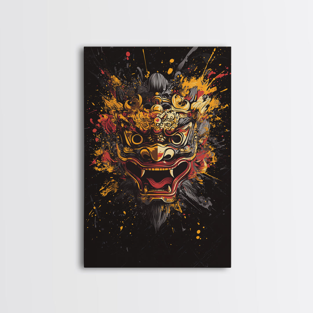 Barong Mythical Mask Gold Canvas Print, Ornate Balinese Face Artwork, Cultural Splatter Wall Decor, Real Wood Frame