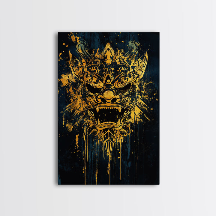 Balinese Barong Mask Gold Canvas Print, Ornate Spiritual Face Artwork, Mythic Cultural Wall Decor, Real Wood Frame