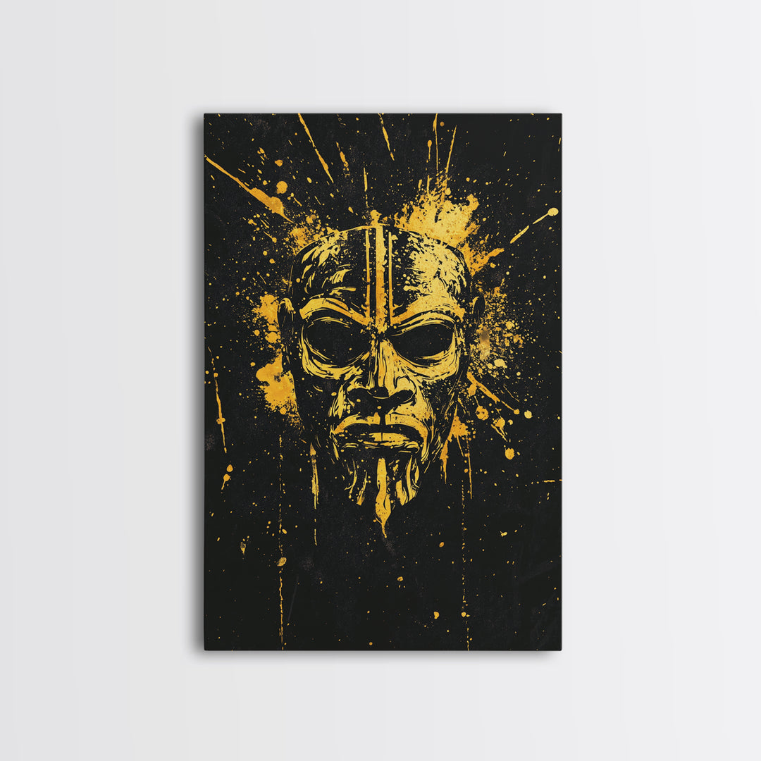 Batak Tribal Mask Gold Canvas Print, Ornate Ethnic Face Artwork, Ancient Cultural Wall Hanging Decor, Real Wood Frame