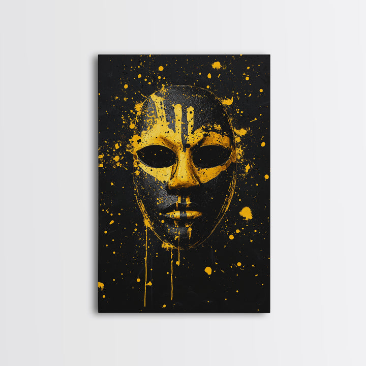 Abstract Splatter Mask Gold Canvas Print, Tribal Face Wall Art, Bold Modern Mask Artwork, Real Wood Frame Home Decor