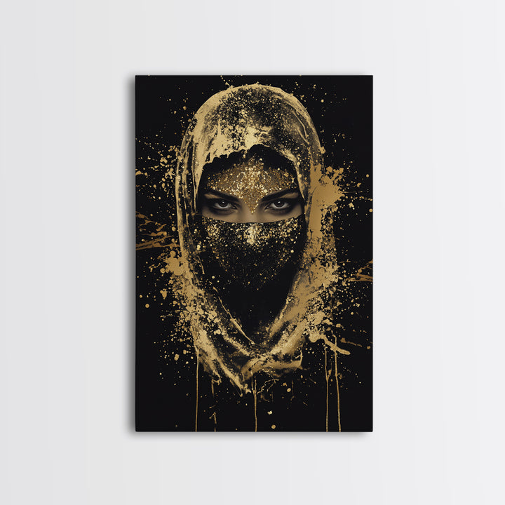 Mystical Veiled Woman Gold Canvas Print, Splatter Style Portrait Art, Ethereal Female Artwork, Real Wood Frame Wall Decor