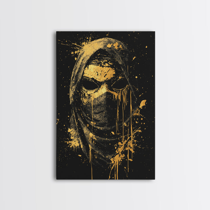 Hooded Tribal Figure Gold Canvas Print, Splatter Style Mask Art, Spiritual Warrior Artwork, Real Wood Frame Bold Wall Decor