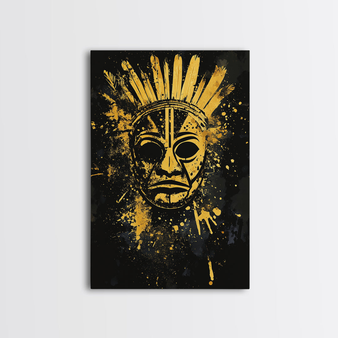 Feathered Tribal Mask Gold Canvas Print, Ancestral Face Art, Splatter Style Ethnic Wall Hanging, Real Wood Frame Artwork