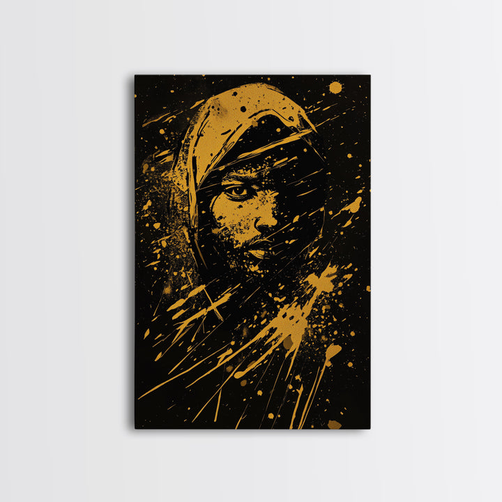 Golden Veiled Portrait Gold Canvas Print, Abstract Female Art, Splatter Style Ethereal Face Artwork, Real Wood Frame Decor