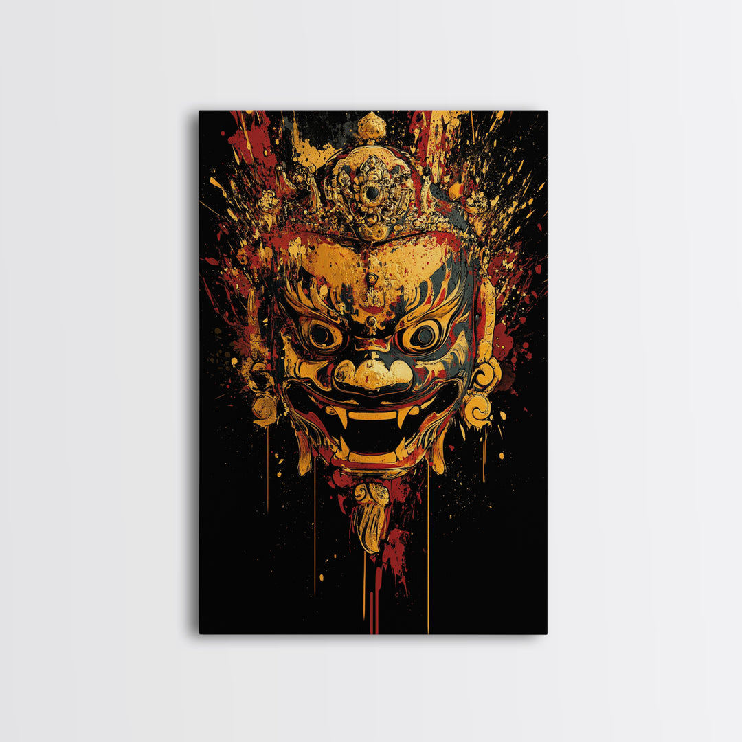 Fierce Mythic Mask Gold Canvas Print, Splatter Style Tribal Face Art, Bold Ancestral Artwork, Real Wood Frame Wall Hanging