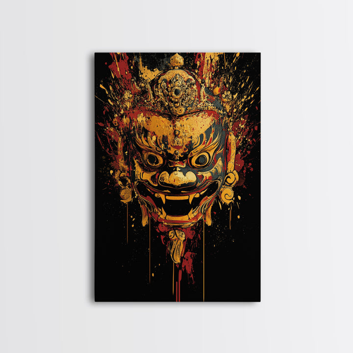 Fierce Mythic Mask Gold Canvas Print, Splatter Style Tribal Face Art, Bold Ancestral Artwork, Real Wood Frame Wall Hanging