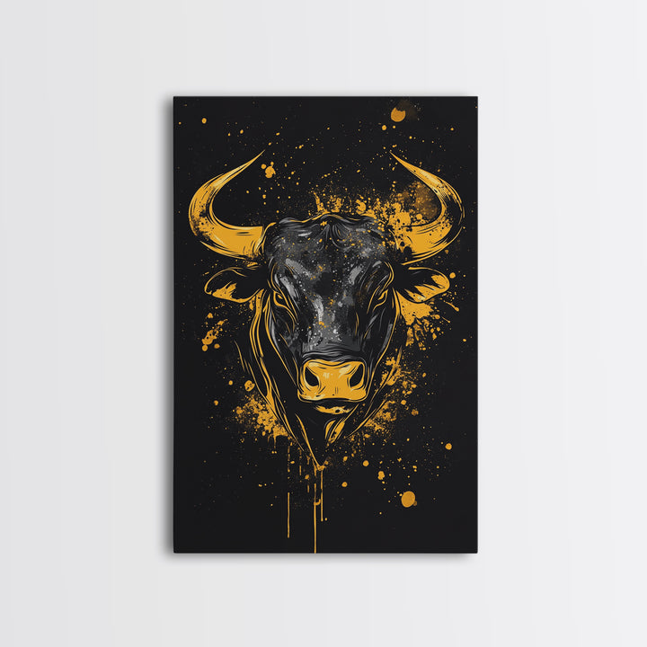 Powerful Bull Head Gold Canvas Print, Abstract Splatter Animal Art, Bold Strength Symbol Artwork, Real Wood Frame Wall Decor