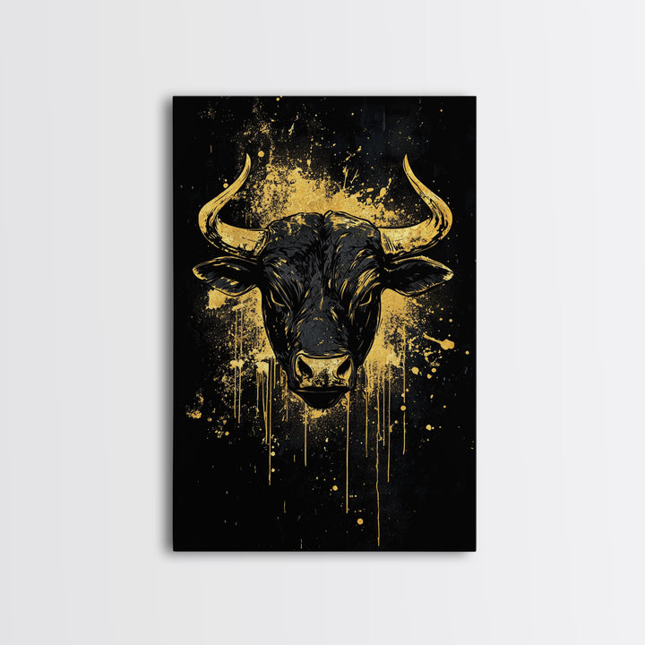 Majestic Bull Portrait Gold Canvas Print, Tribal Splatter Animal Artwork, Strong Symbolic Wall Art, Real Wood Frame Decor