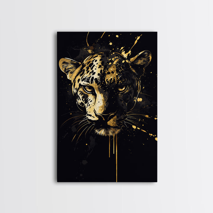 Wild Leopard Face Gold Canvas Print, Bold Animal Portrait Art, Tribal Splatter Style Wall Artwork, Real Wood Frame Home Decor