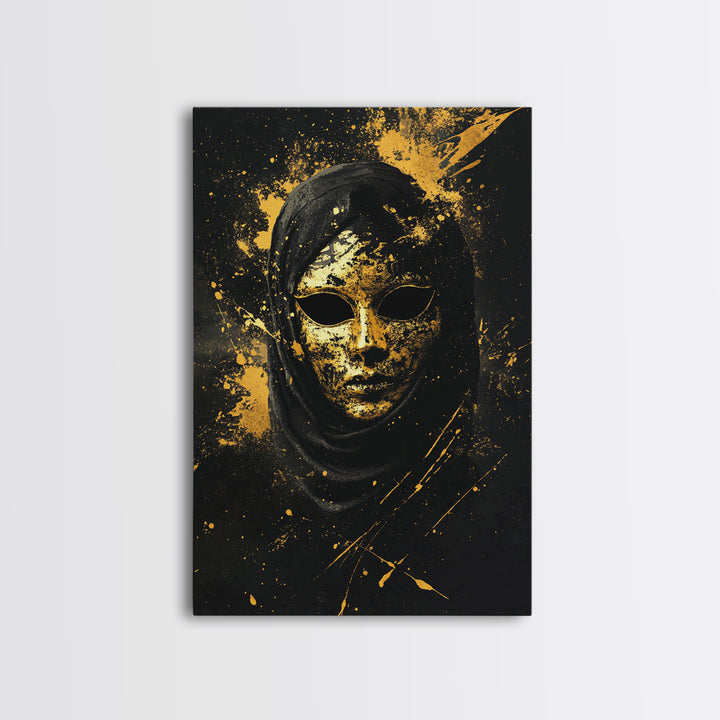 Mysterious Veiled Mask Gold Canvas Print, Splatter Style Female Portrait, Abstract Ethereal Face Artwork, Real Wood Frame Decor