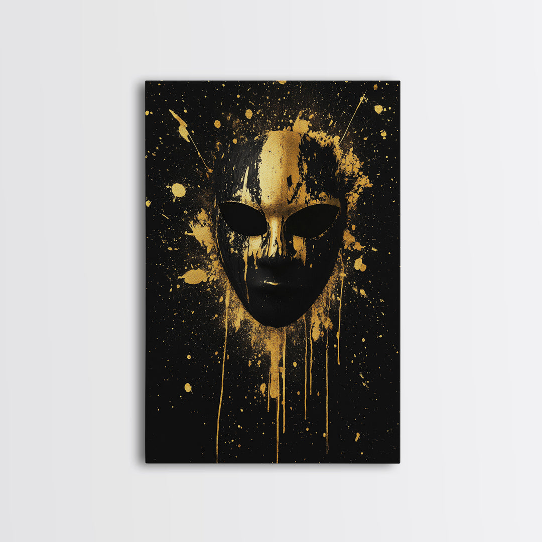 Abstract Splatter Mask Gold Canvas Print, Bold Modern Face Art, Tribal Inspired Wall Decor, Real Wood Frame