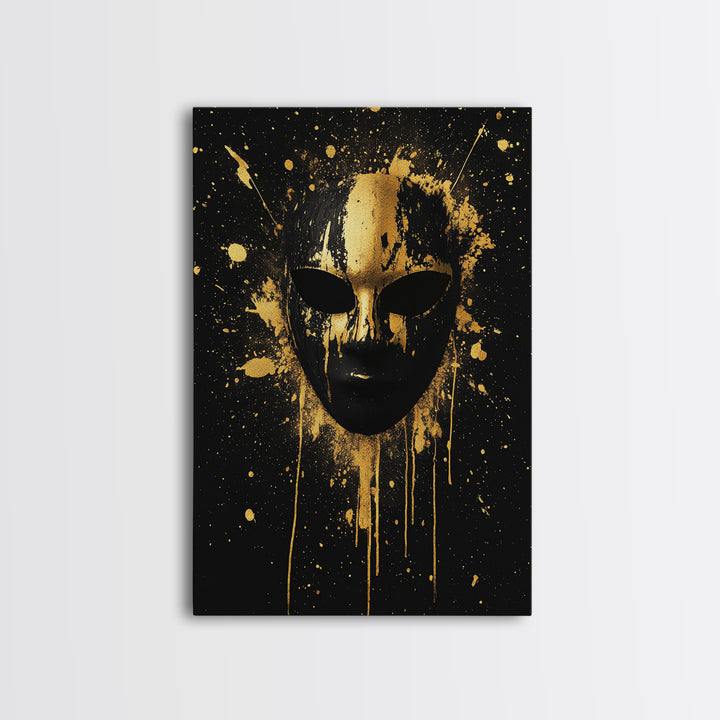 Abstract Splatter Mask Gold Canvas Print, Bold Modern Face Art, Tribal Inspired Wall Decor, Real Wood Frame