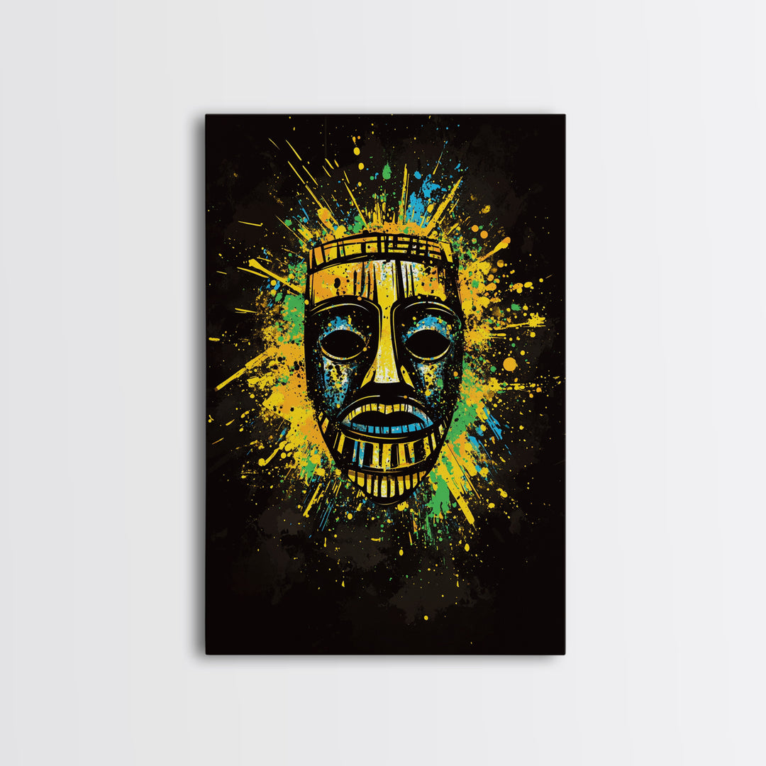 Vibrant Tribal Mask Gold Canvas Art, Ethnic Splatter Style Face Print, Colorful Abstract Wall Decor, Real Wood Frame