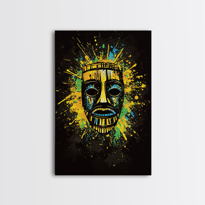 Vibrant Tribal Mask Gold Canvas Art, Ethnic Splatter Style Face Print, Colorful Abstract Wall Decor, Real Wood Frame