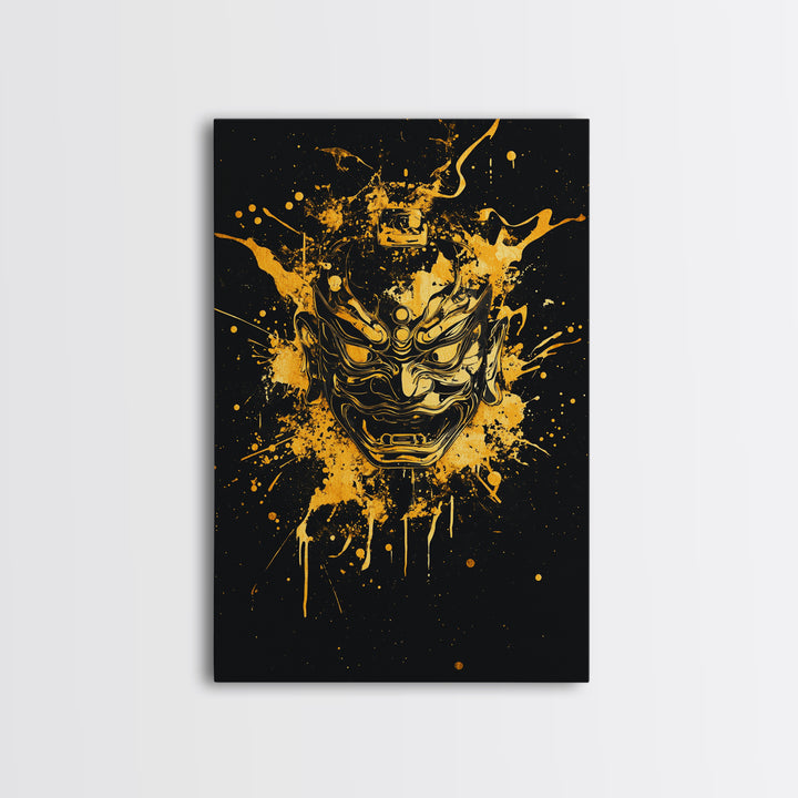Oni Demon Mask Gold Canvas Print, Japanese Mythology Inspired Art, Splatter Style Wall Decor, Real Wood Frame