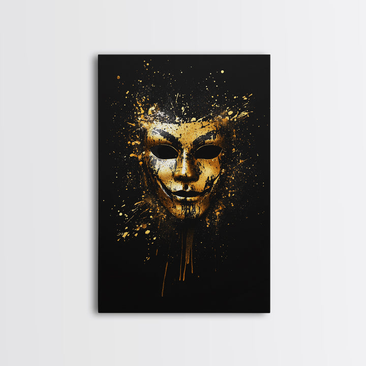 Abstract Painted Mask Gold Canvas Print, Modern Face Art, Bold Splatter Style Wall Decoration, Real Wood Frame