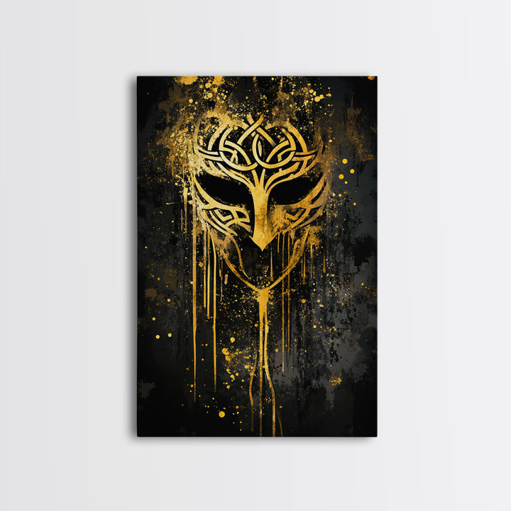 Celtic Knot Mask Gold Canvas Art, Intricate Tribal Inspired Design, Abstract Splatter Wall Decor, Real Wood Frame