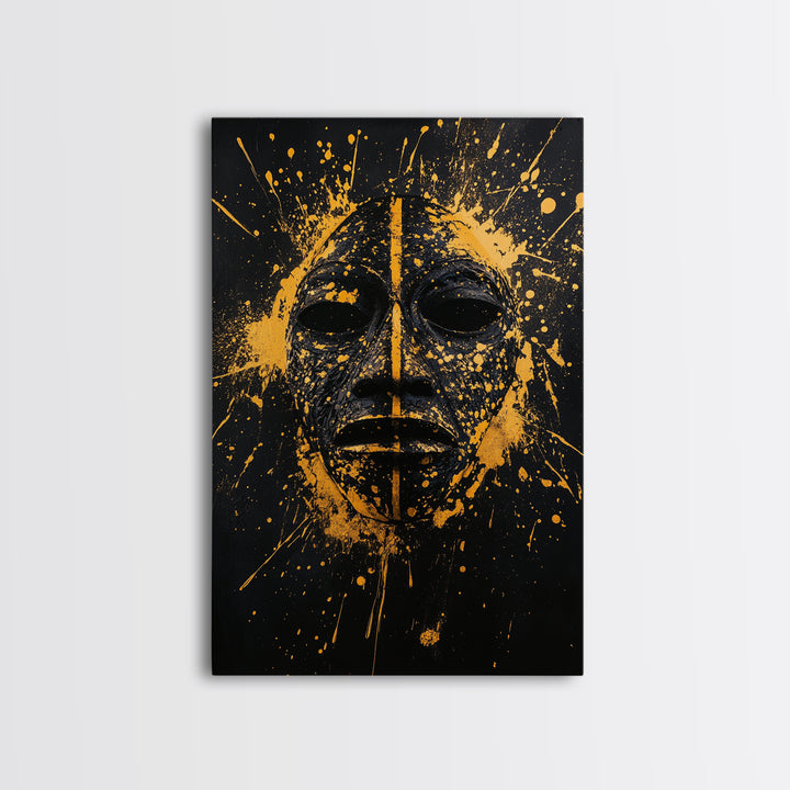 African Tribal Mask Gold Canvas Print, Bold Face Art, Splatter Style Ethnic Wall Decoration, Real Wood Frame