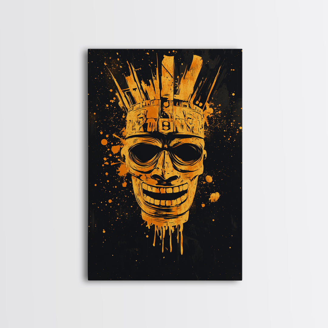 Ancient Warrior Mask Gold Canvas Print, Tribal Armor Inspired Face Art, Bold Splatter Wall Decor, Real Wood Frame