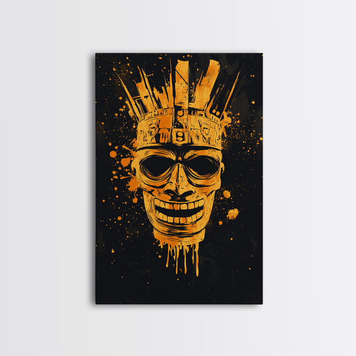 Ancient Warrior Mask Gold Canvas Print, Tribal Armor Inspired Face Art, Bold Splatter Wall Decor, Real Wood Frame