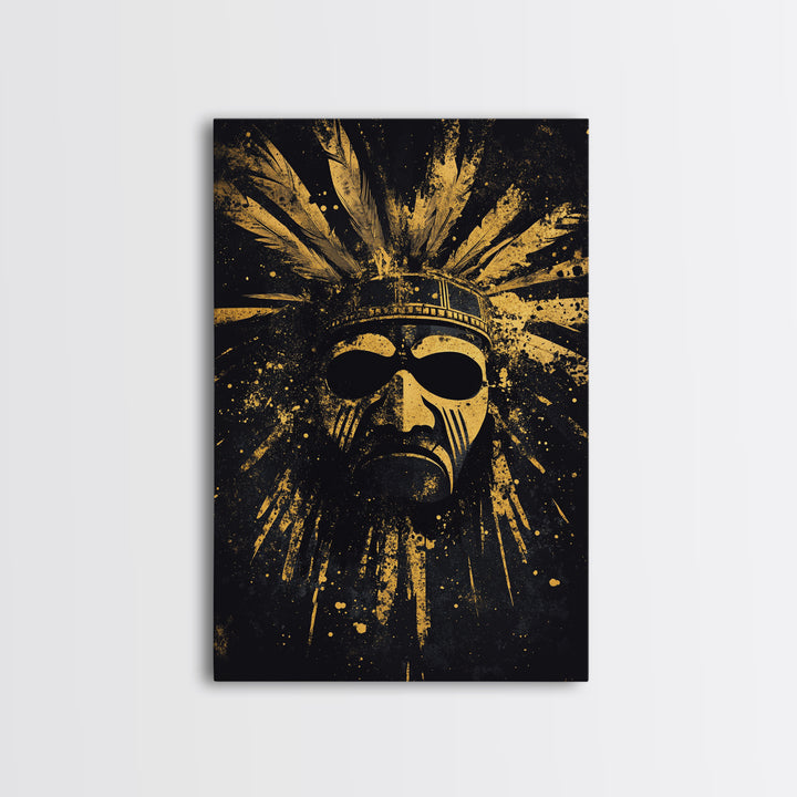 Aztec Sun Mask Gold Canvas Print, Tribal Inspired Ancient Face Art, Splatter Style Wall Decor, Real Wood Frame
