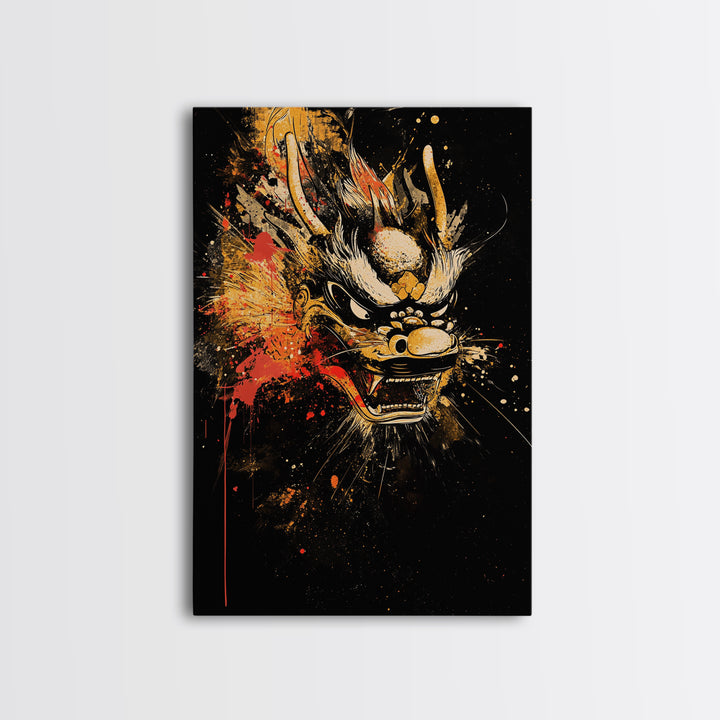 Native Headdress Mask Gold Canvas Art, Tribal Inspired Splatter Face Print, Bold Ethnic Wall Decor, Real Wood Frame
