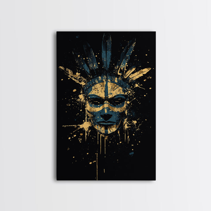 Tribal Feather Mask Gold Canvas Print, Abstract Splatter Mask Wall Art, Real Wood Frame, Modern Ethnic Home Decor