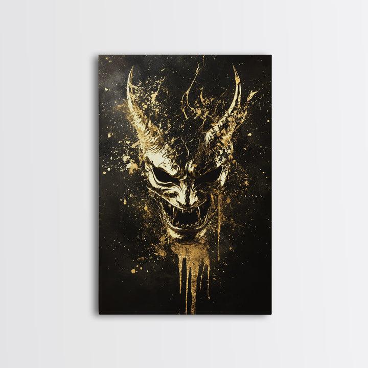 Oni Demon Mask Gold Canvas Print, Japanese Mythology Wall Art, Real Wood Frame, Bold Samurai Mask Artwork