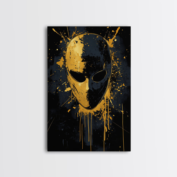 Minimalist Mask Gold Canvas Print, Abstract Splatter Face Wall Art, Real Wood Frame, Contemporary Mask Decor