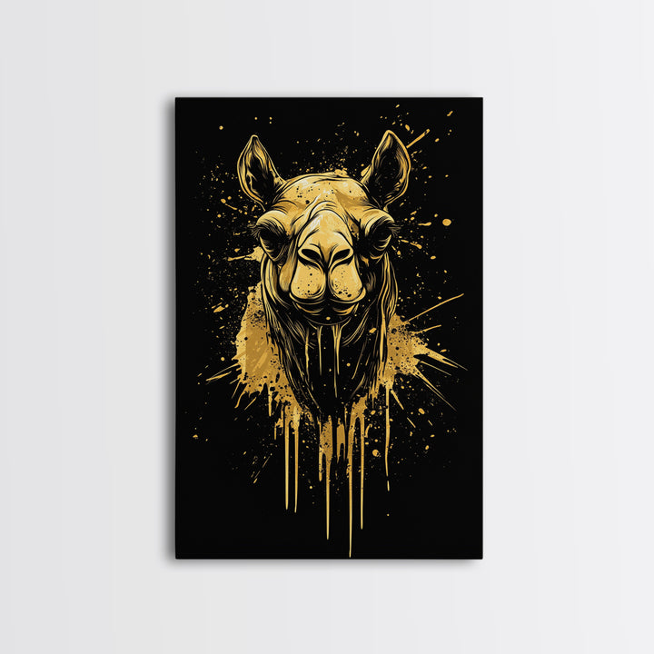 Camel Portrait Gold Canvas Print, Animal Splatter Wall Art, Real Wood Frame, Modern Wildlife Artwork For Home