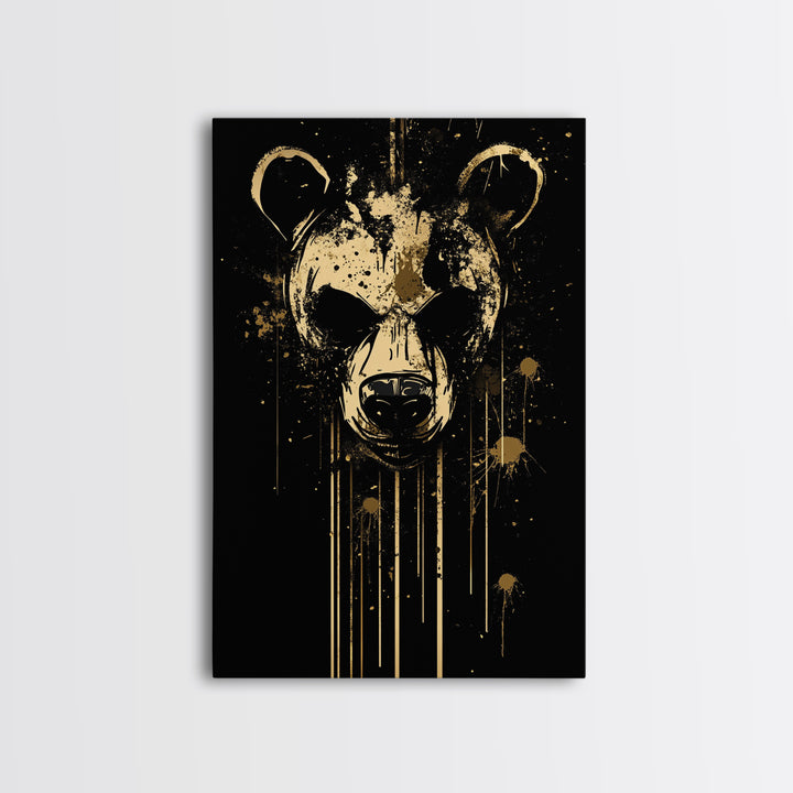 Bear Face Gold Canvas Print, Animal Splatter Wall Art, Real Wood Frame, Fierce Wildlife Artwork For Modern Decor