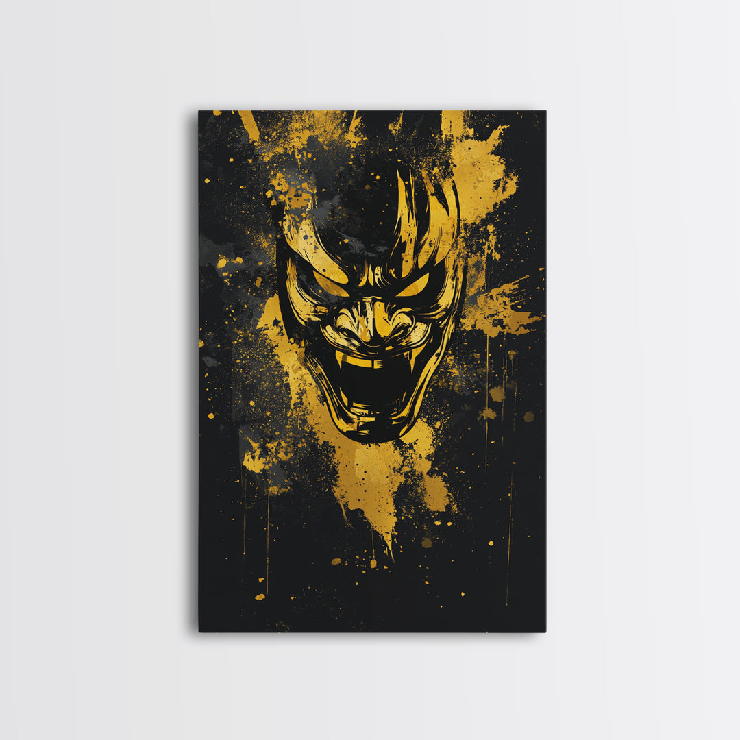 Samurai Mask Gold Canvas Print, Japanese Warrior Wall Art, Real Wood Frame, Bold Splatter Mask Artwork For Home