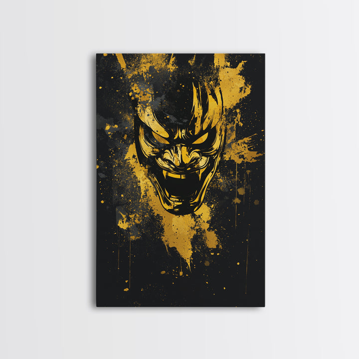 Samurai Mask Gold Canvas Print, Japanese Warrior Wall Art, Real Wood Frame, Bold Splatter Mask Artwork For Home