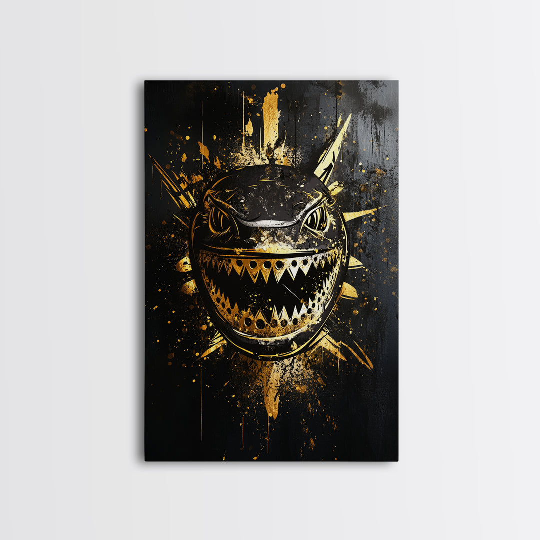 Shark Splatter Gold Canvas Print, Abstract Ocean Predator Wall Art, Real Wood Frame, Bold Modern Sea Life Artwork
