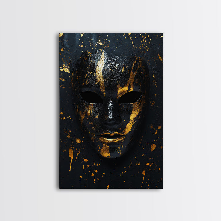 Abstract Mask Gold Canvas Print, Contemporary Splatter Face Wall Art, Real Wood Frame, Modern Tribal Mask Decor