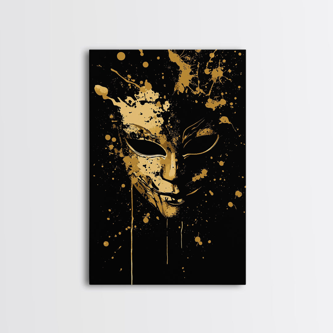 Mysterious Mask Gold Canvas Print, Abstract Splatter Face Wall Art, Real Wood Frame, Dark Modern Mask Artwork