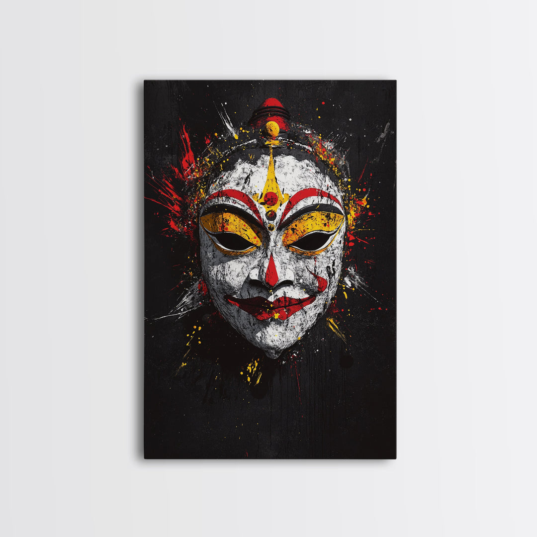 Tribal Feather Mask Gold Canvas Print, Splatter Art Decor, Ethnic Wall Art, Real Wood Frame, Cultural Modern Artwork
