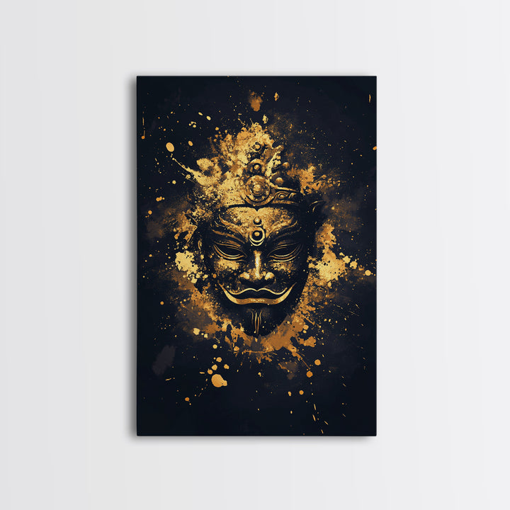Ancient Mask Gold Canvas Print, Mystical Splatter Wall Art, Real Wood Frame, Bold Spiritual Mask Artwork For Home