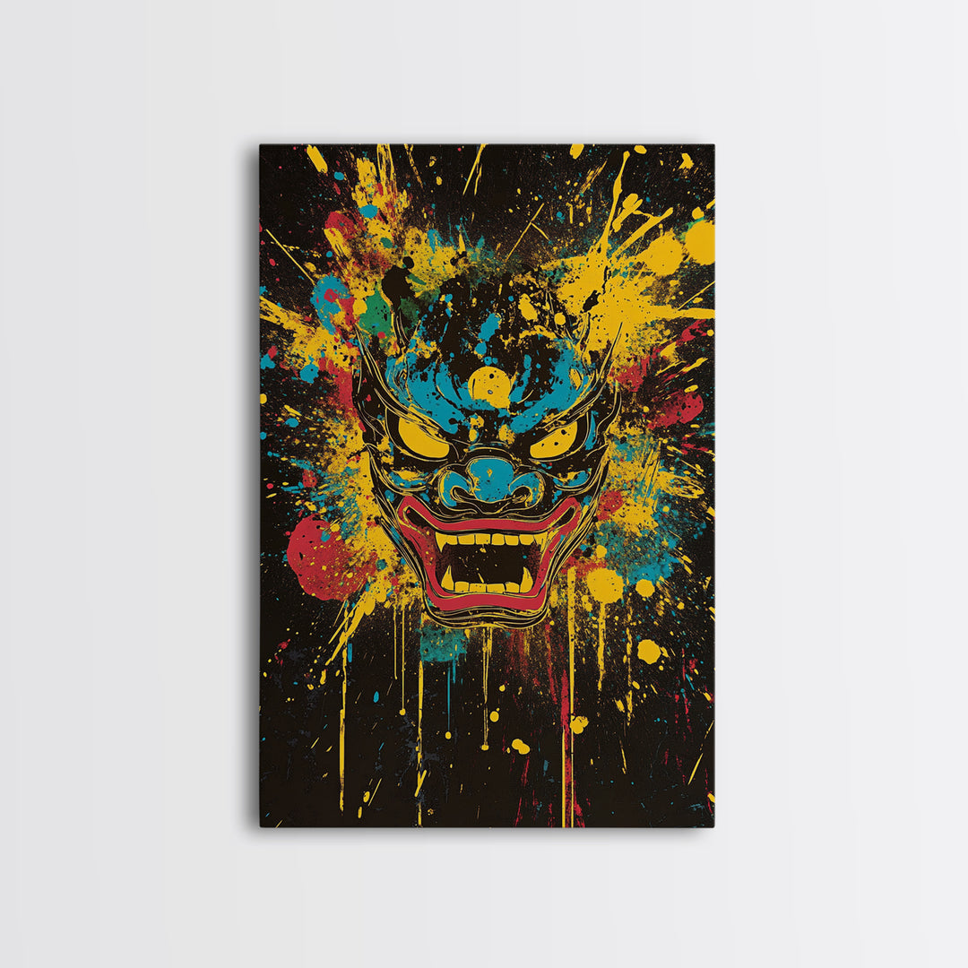 Demonic Horn Mask Gold Canvas Print, Gothic Wall Art, Dark Splatter Painting, Real Wood Frame, Bold Statement Decor