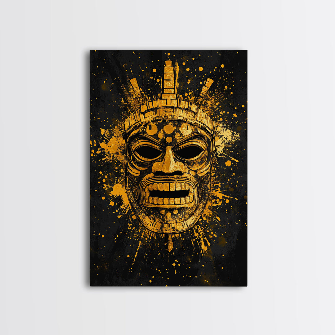 Abstract Alien Mask Gold Canvas Print, Futuristic Splatter Art, Minimalist Wall Art, Real Wood Frame, Modern Home Decor