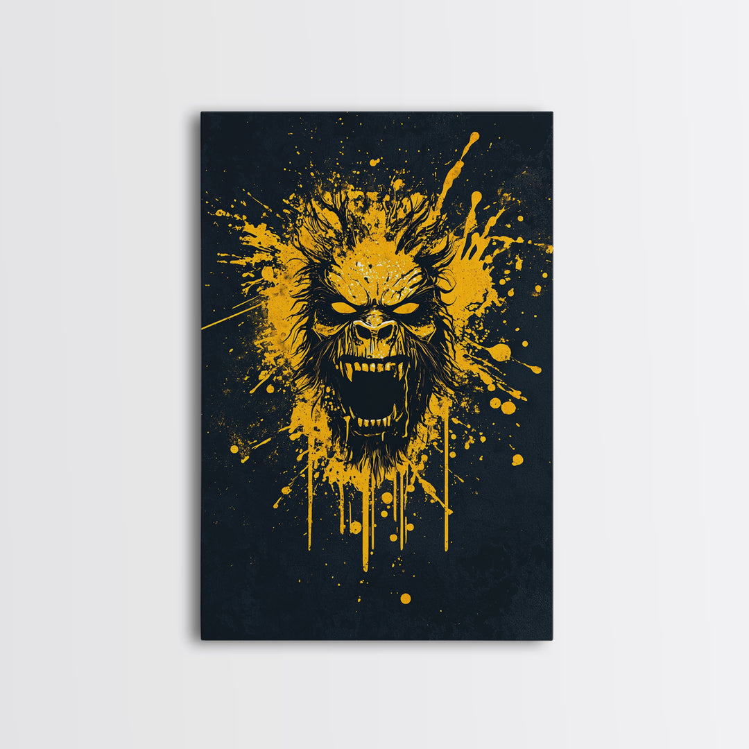 Bear Face Gold Canvas Print, Animal Splatter Art, Fierce Wildlife Wall Decor, Real Wood Frame, Modern Bold Statement Art