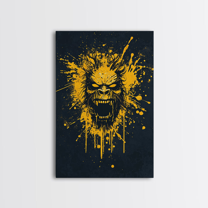 Bear Face Gold Canvas Print, Animal Splatter Art, Fierce Wildlife Wall Decor, Real Wood Frame, Modern Bold Statement Art