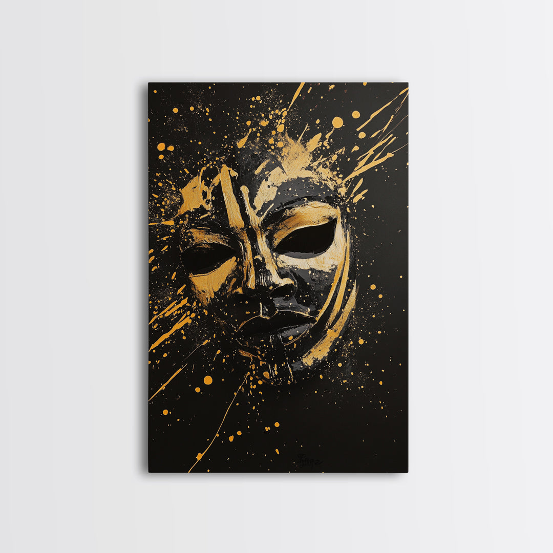 Samurai Oni Mask Gold Canvas Print, Japanese Splatter Artwork, Warrior Wall Art, Real Wood Frame, Bold Cultural Decor