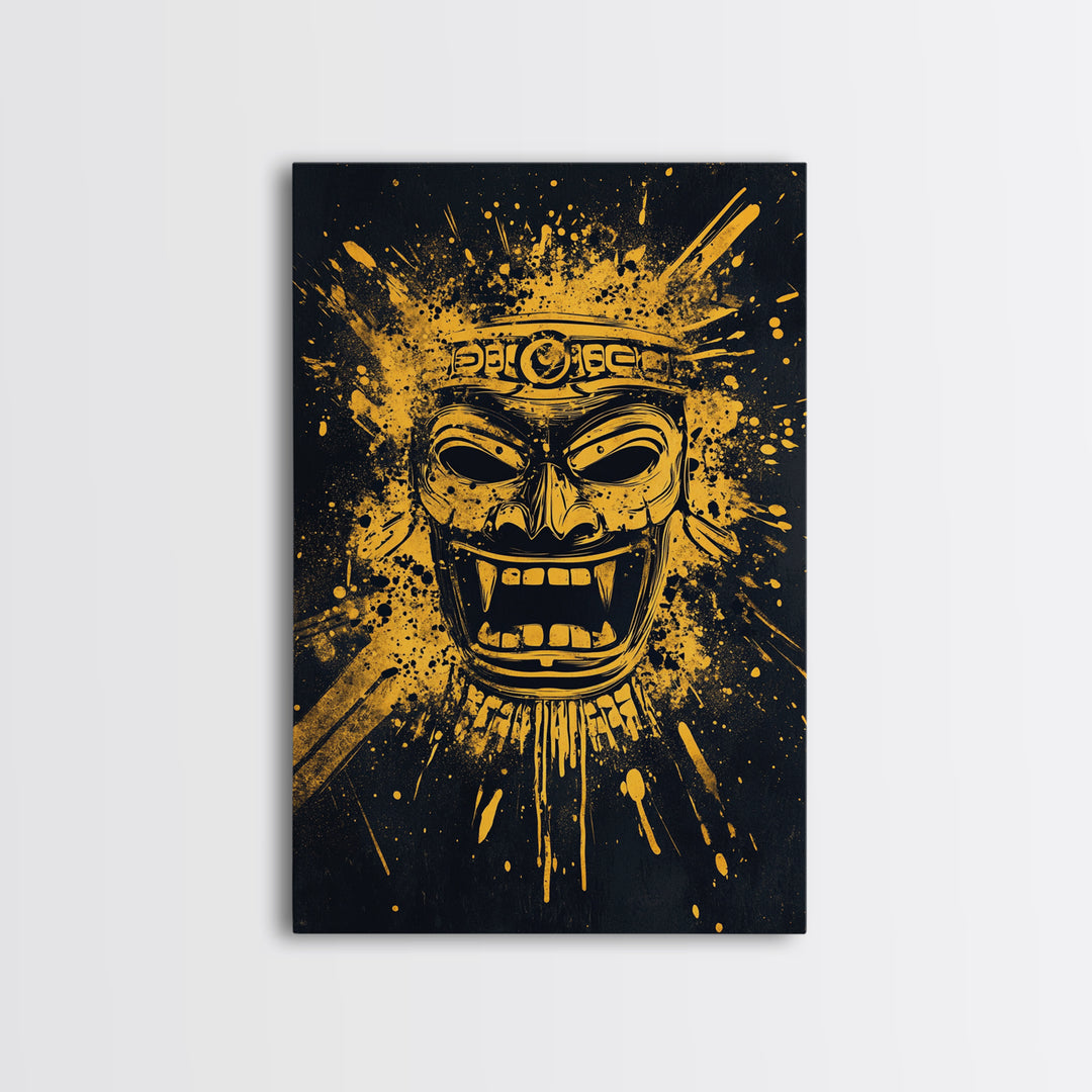 Shark Head Gold Canvas Print, Splatter Ocean Art, Fierce Predator Wall Decor, Real Wood Frame, Modern Marine Artwork