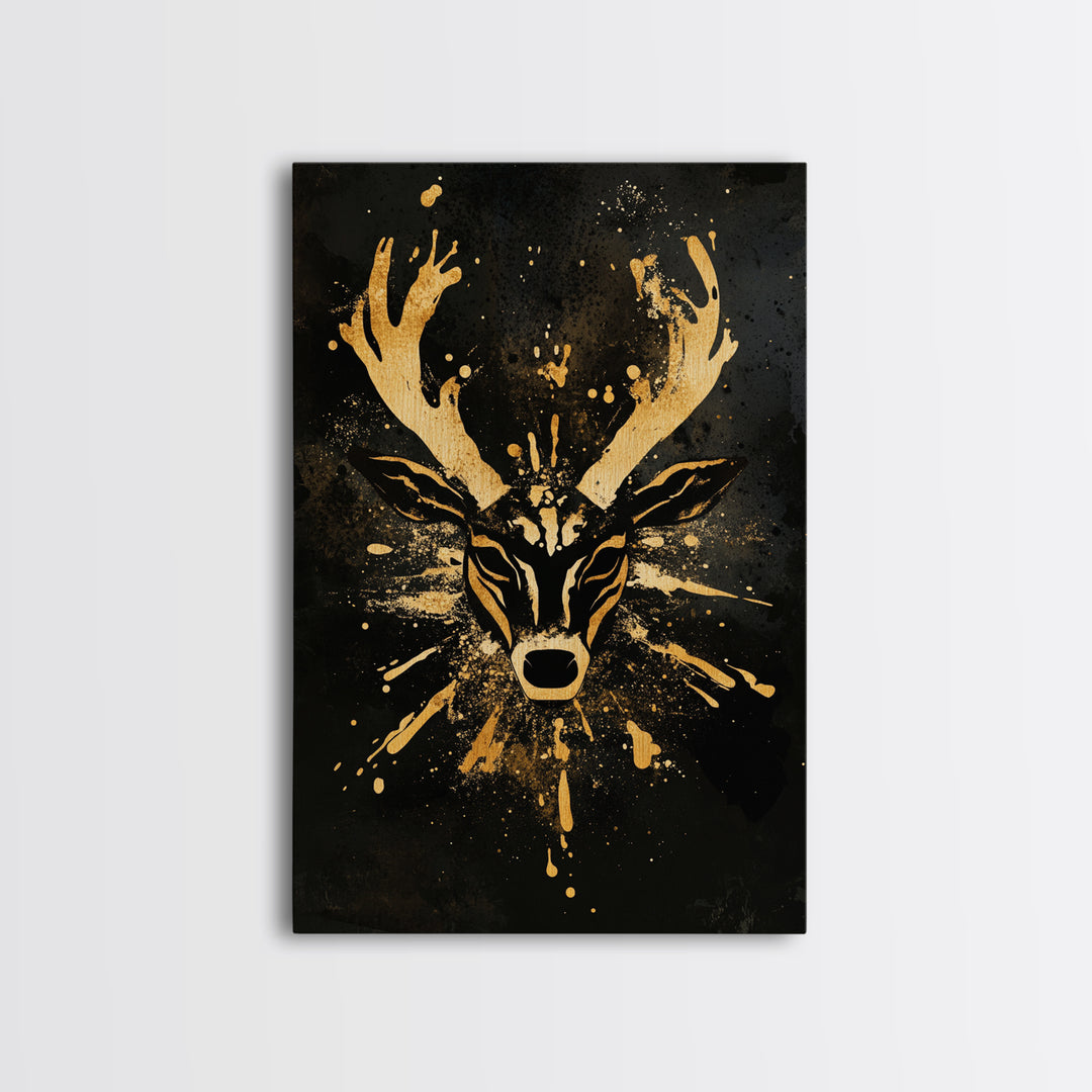 Textured Tribal Mask Gold Canvas Print, Splatter Art Design, Abstract Cultural Wall Art, Real Wood Frame, Bold Decor Piece