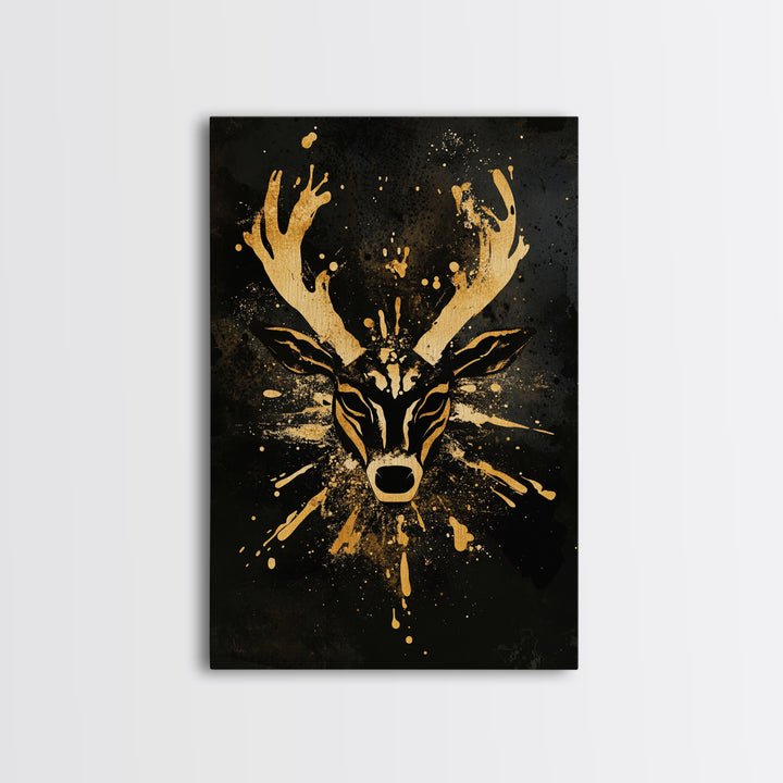Textured Tribal Mask Gold Canvas Print, Splatter Art Design, Abstract Cultural Wall Art, Real Wood Frame, Bold Decor Piece
