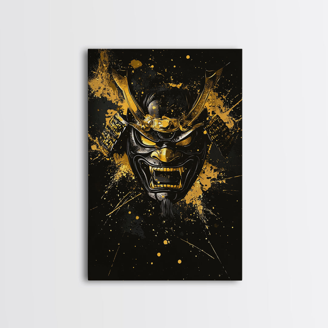 Vampire Mask Gold Canvas Print, Gothic Splatter Wall Art, Horror Decor, Real Wood Frame, Dark Artistic Statement Artwork