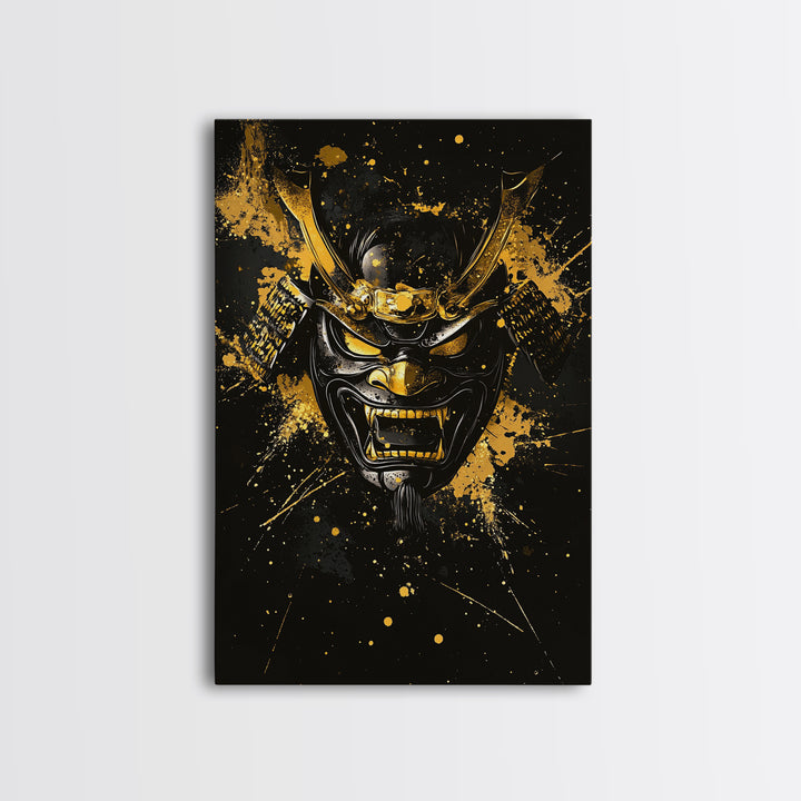 Vampire Mask Gold Canvas Print, Gothic Splatter Wall Art, Horror Decor, Real Wood Frame, Dark Artistic Statement Artwork